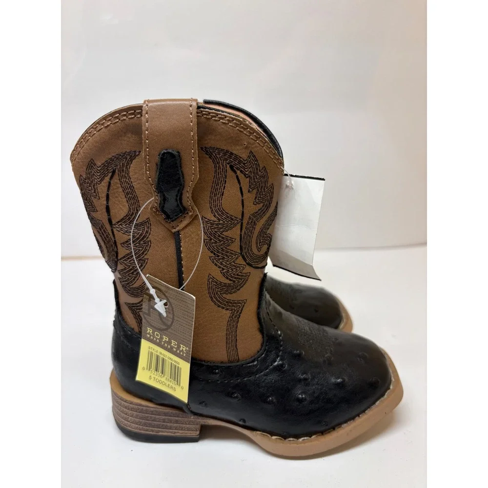 Roper Toddler Boys Black Ostrich Print Tan Western Cowboy Boots 09-017-1900-0050